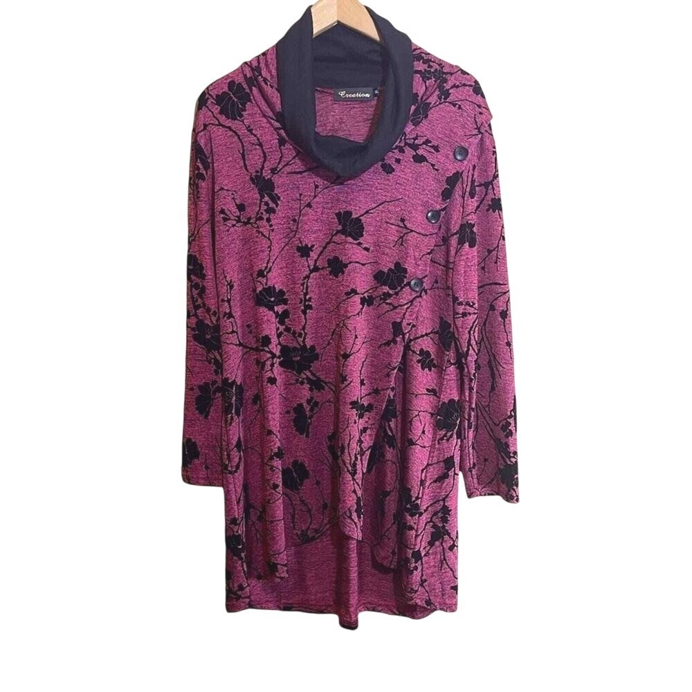 Creation Womens Magenta‎ Black Floral Cowl Neck Asymmetrical Button Tunic Top XL